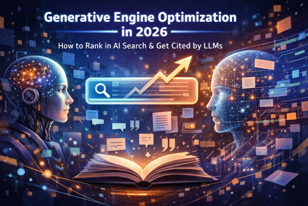 Futuristic featured image showing AI search, citation signals, digital interfaces, and large language models for generative engine optimization in 2026