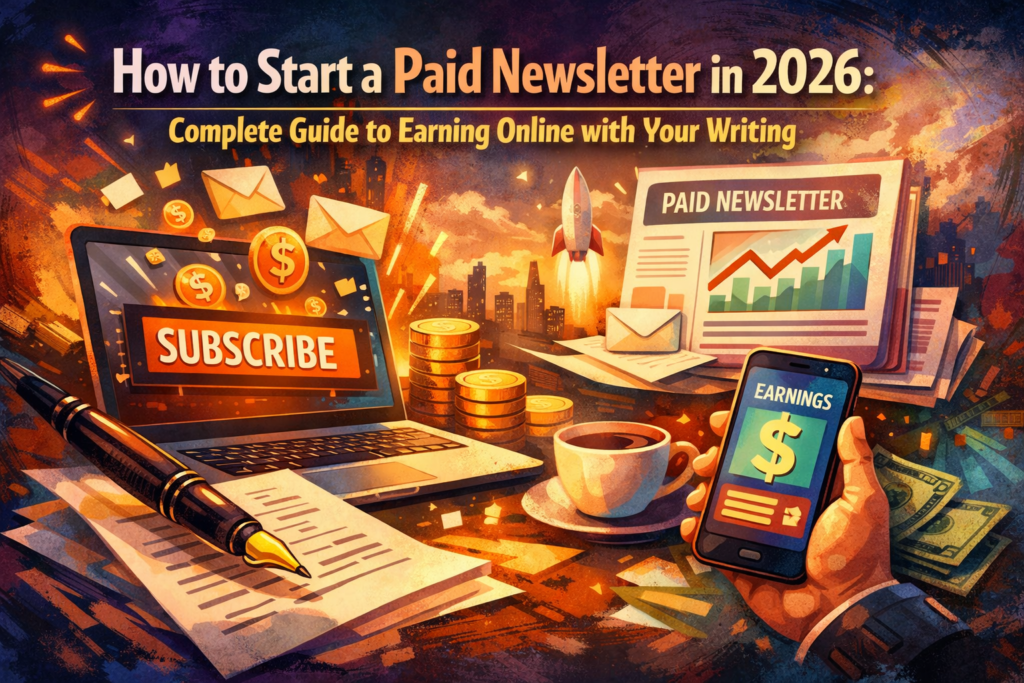Artistic featured image showing a laptop with subscribe screen, paid newsletter growth chart, coins, email icons, and smartphone earnings display for a guide about starting a paid newsletter in 2026.