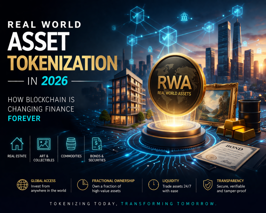 Futuristic featured image showing real world asset tokenization in 2026 with blockchain, digital finance, real estate, commodities, renewable energy, and fine art.