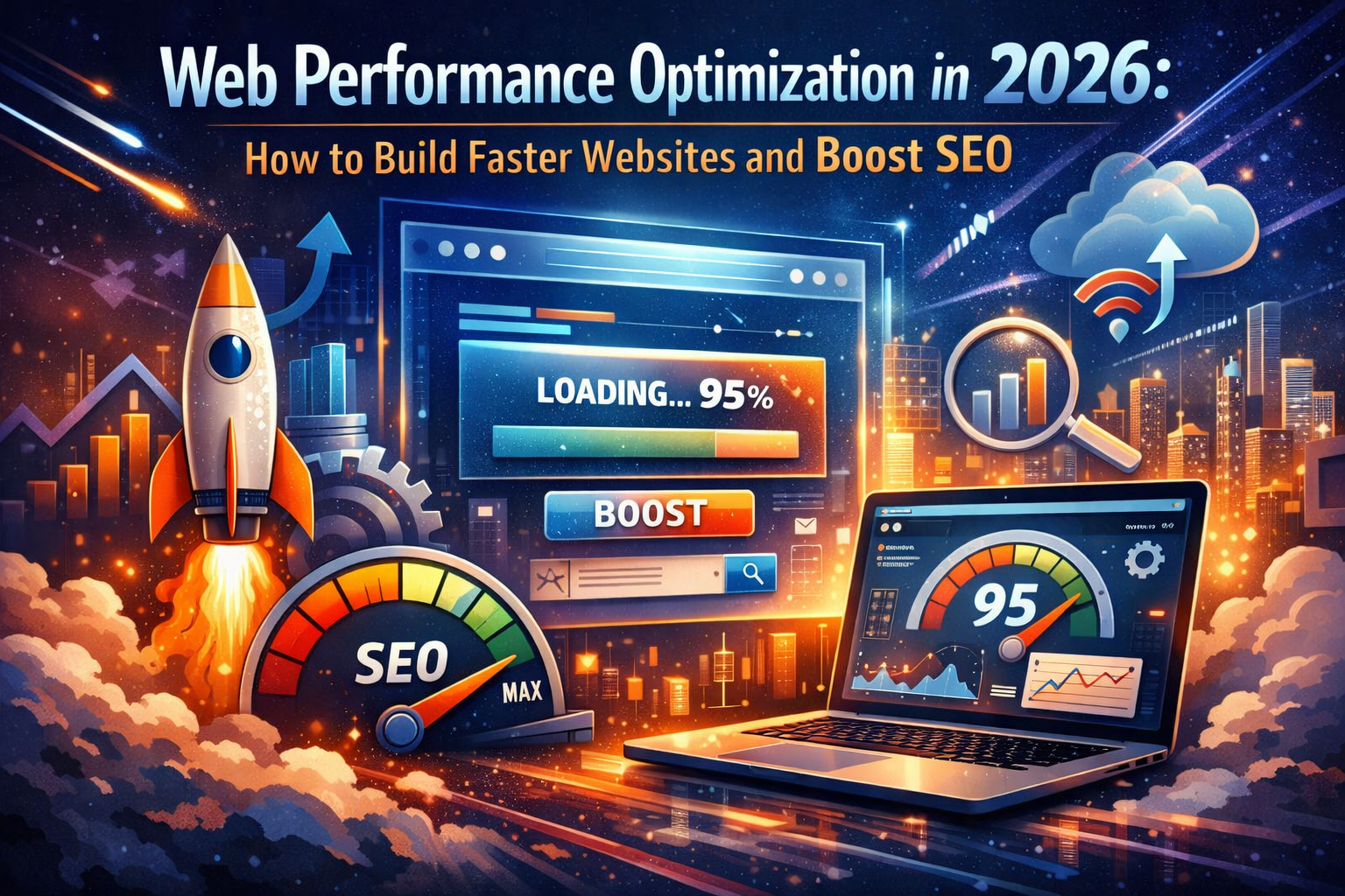 Futuristic illustration of web performance optimization in 2026 with SEO speed meter, rocket launch, analytics dashboard, and fast-loading website interface.