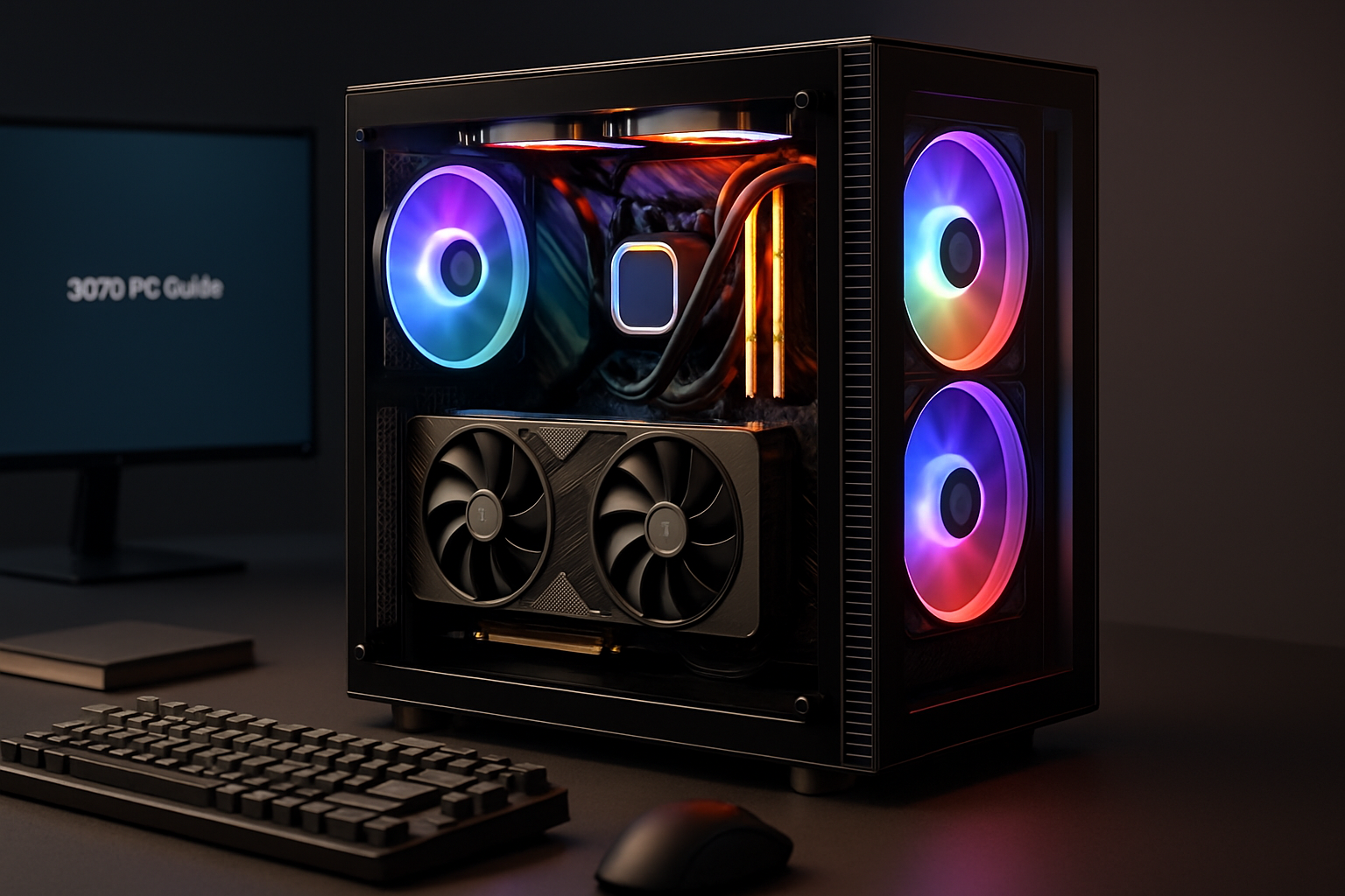 Photorealistic editorial photo of a modern RGB gaming PC tower with a visible 3070-class GPU inside, shown on a clean desk setup for a 3070 PC buying guide.