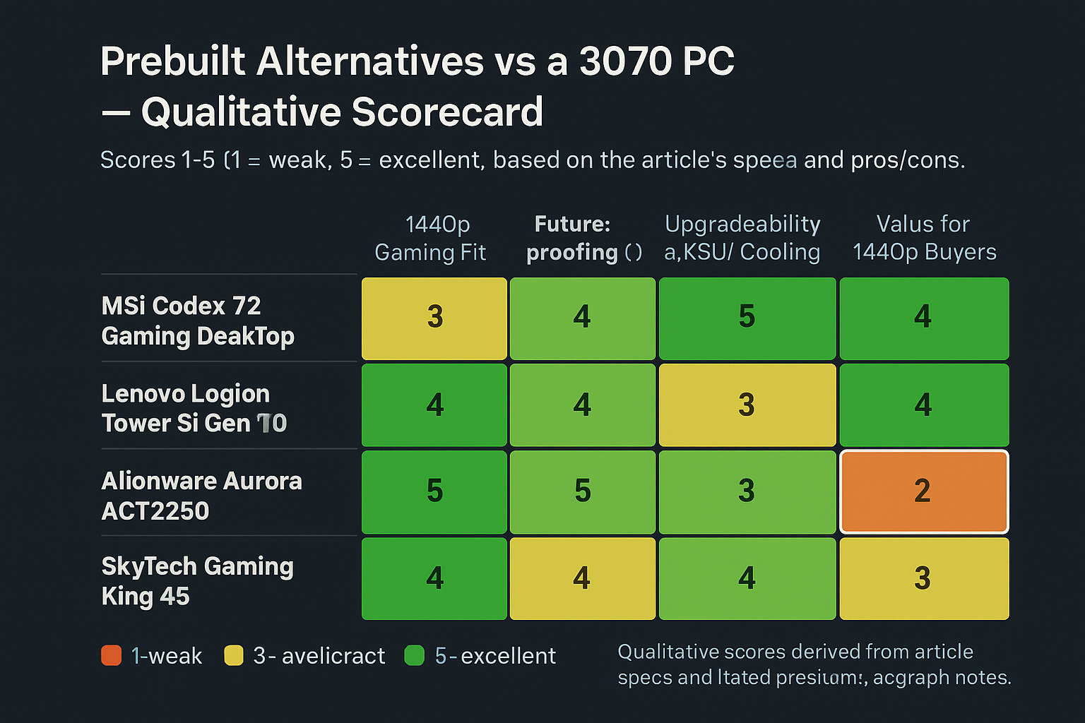 Heatmap scorecard comparing four prebuilt gaming PCs across 1440p fit, future‑proofing, upgradeability/PSU & value. Cells scored 1–5 (red to green).