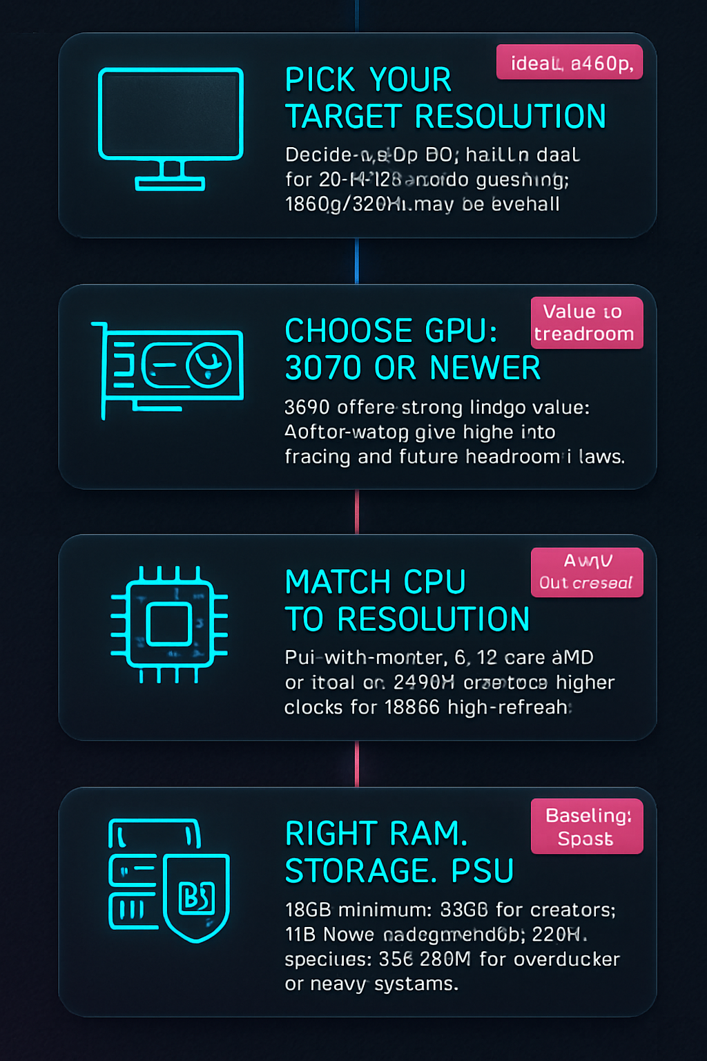 Vertical decision map showing five steps to decide and set up a 3070 PC: resolution target, GPU choice, CPU pairing, RAM/storage/PSU, and prebuilt vs build options.