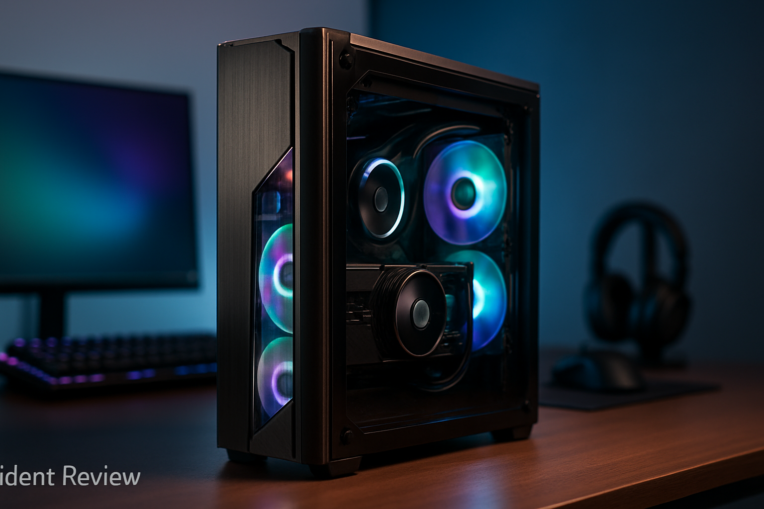 Photorealistic photo of a compact MSI Trident-style SFF gaming PC on a clean desk with a tempered glass side panel revealing GPU, RGB fans and neat cable management, lit with professional studio lighting.