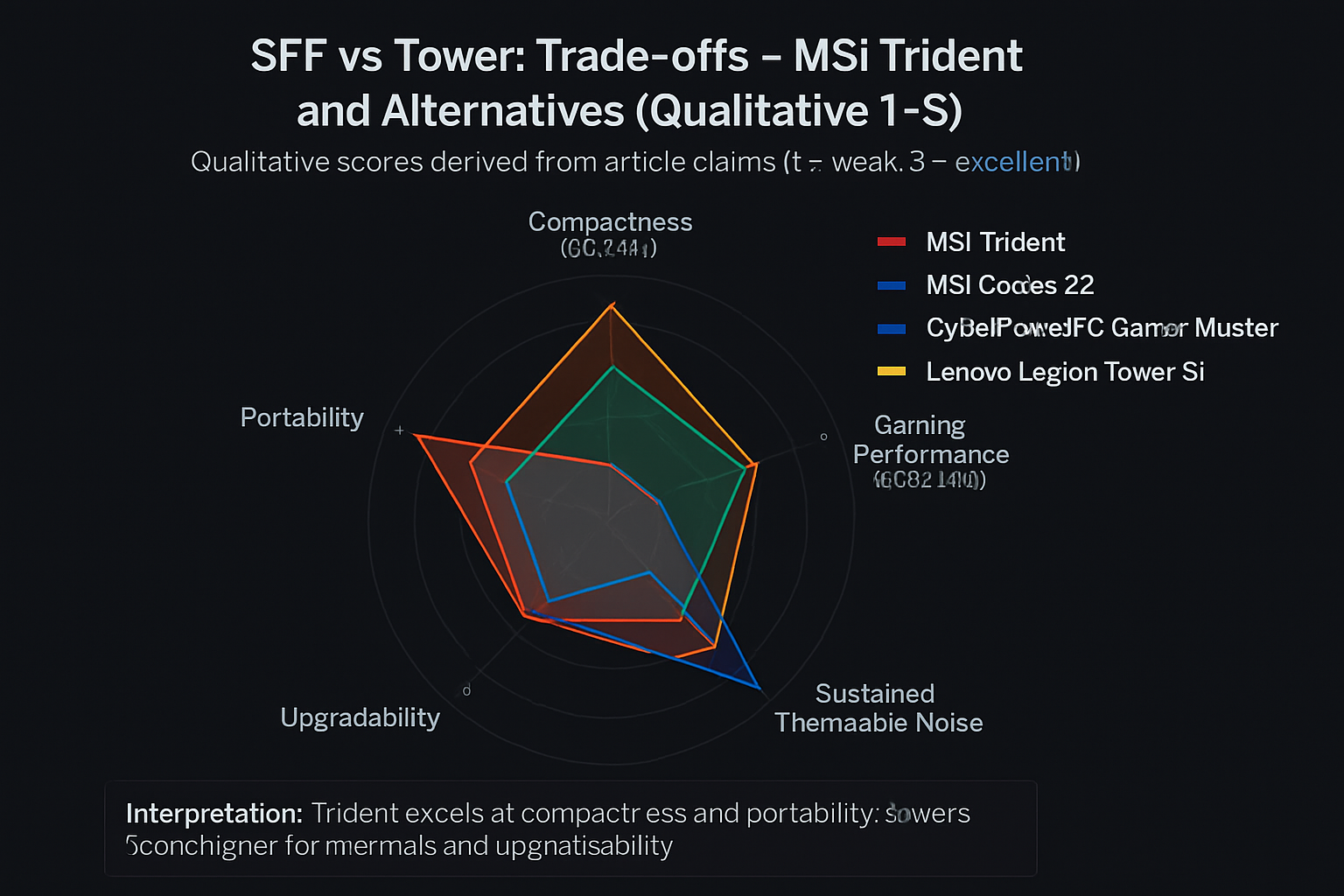 Radar chart comparing MSI Trident, MSI Codex Z2, CyberPowerPC Gamer Master, and Lenovo Legion Tower 5i across five factors: Compactness, Gaming Performance, Sustained Thermals & Noise, Upgradeability, and Portability. Values are qualitative (1–5) based on article claims.