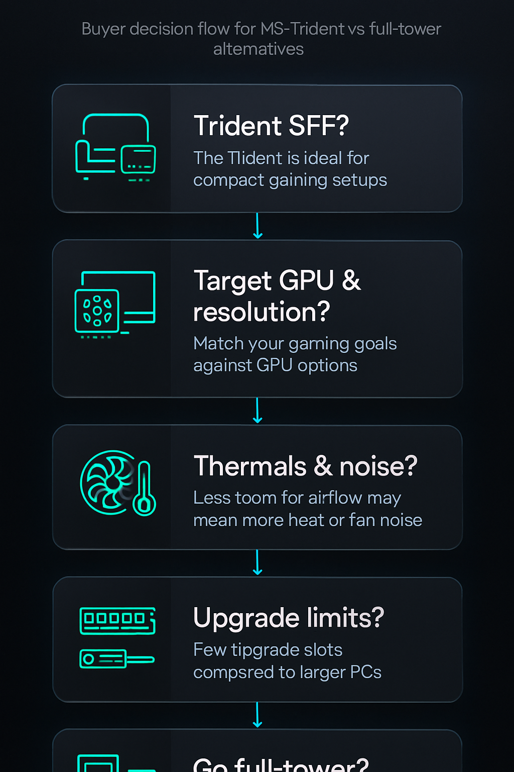 Vertical decision flowchart guiding buyers through MSI Trident suitability, GPU/resolution match, thermals, upgrade limits, and full-tower alternatives.