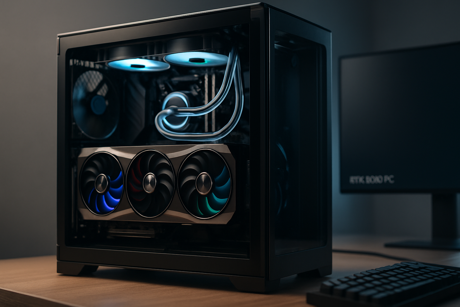 Photorealistic close-up of a glass-panel gaming rig highlighting an rtx 3090 pc build with triple-fan GPU, liquid cooling, RGB fans, and tidy cable management on a clean desk