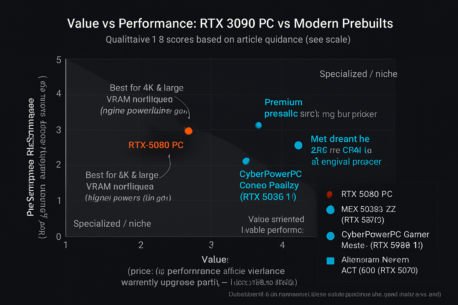Scatter plot showing qualitative Value (1-5) on X axis and Performance (1-5) on Y axis for RTX 3090 PC, MSI Codex Z2 (RTX 5070), CyberPowerPC Gamer Master (RTX 5060 Ti), and Alienware Aurora ACT1250 (RTX 5070).