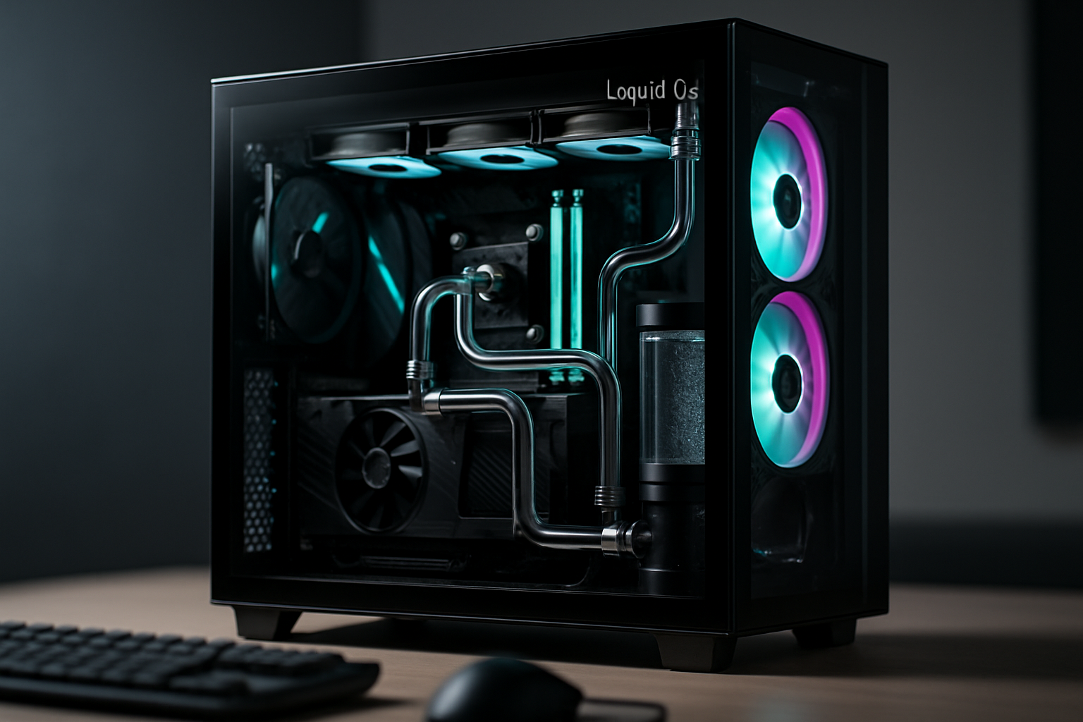 Close-up editorial photo of a water cooled gaming PC visible through a glass side panel, showing RGB fans, clear coolant tubing, radiator, reservoir and neat cable management.