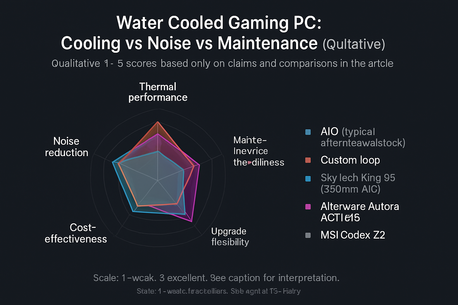 Radar chart comparing AIO, custom loop and three prebuilt options across thermal performance, noise reduction, maintenance friendliness, cost-effectiveness, and upgrade flexibility using a 1–5 qualitative scale.