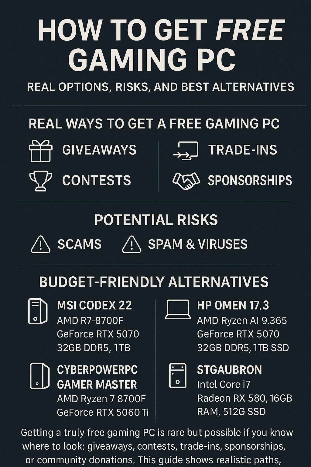 Infographic for How to Get a Free Gaming PC: Real Options, Risks, and Best Alternatives